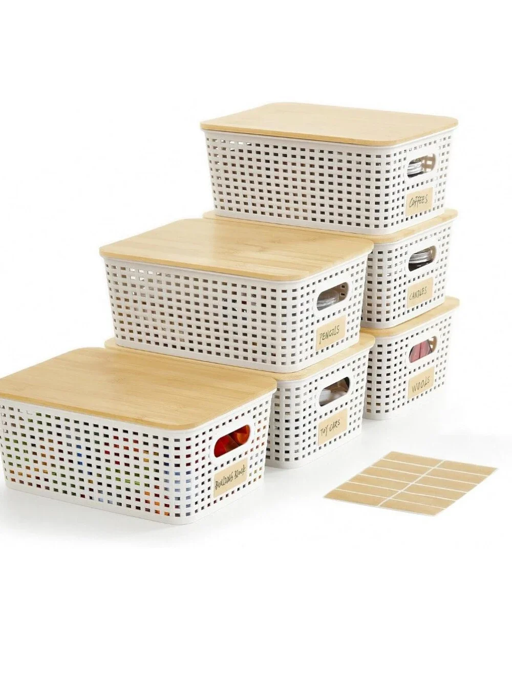 Multi-Size White and Natural Bamboo Lidded Storage Baskets